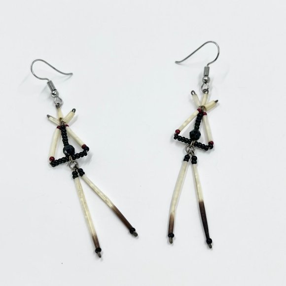 Beautiful Porcupine Quill Black & Red Beaded Silver Tone Fishhook Earrings - Picture 2 of 7